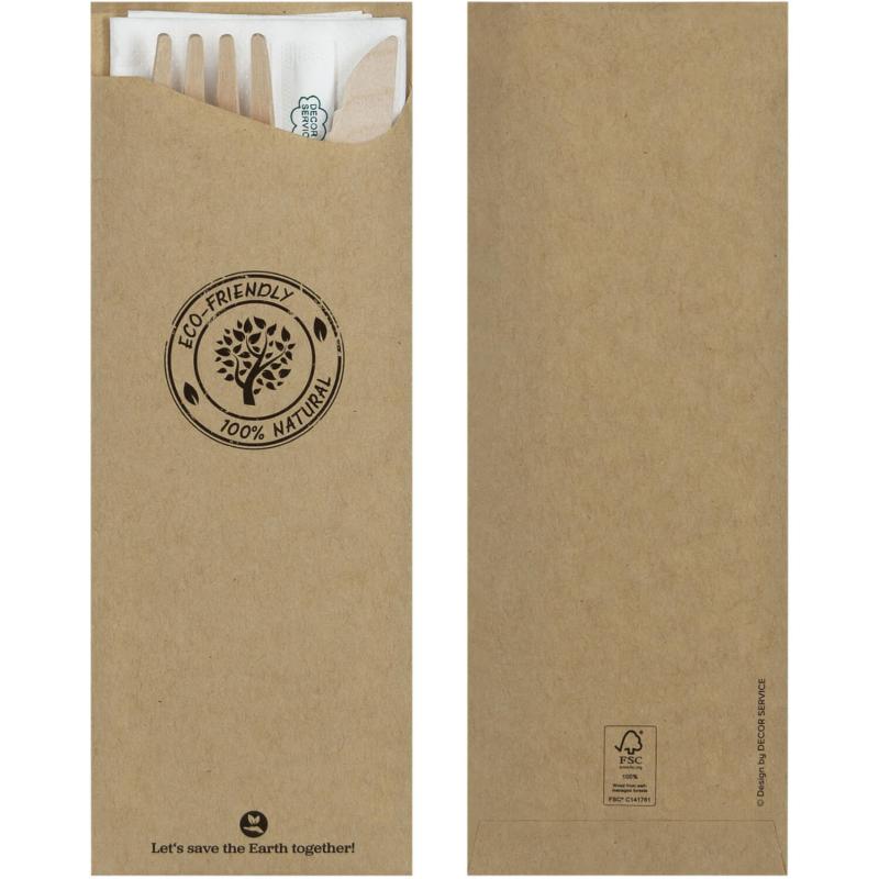 Besteckset Messer Gabel Zahnstocher aus Holz + Serviette Bestecktasche- 25 Sets