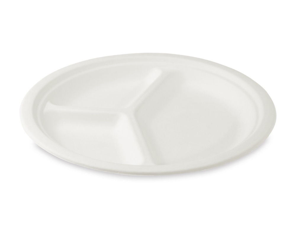Bio Grillteller Fleischteller rund 3-geteilt aus Zuckerrohr O 26 cm- 50 Stk-
