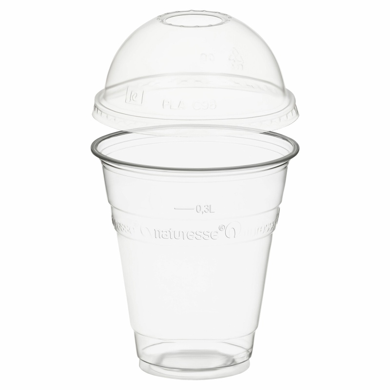 BIO Trinkbecher 300ml + Domdeckel mit Rundloch aus Biokunststoff (PLA) 50 Stk-