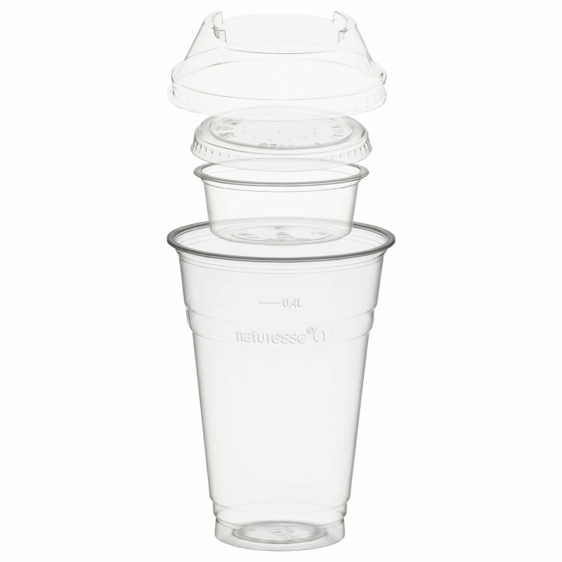 BIO Trinkbecher 400ml + Domdeckel+ 60ml Einsatzbecher stapelbar PLA- 100 Stk-