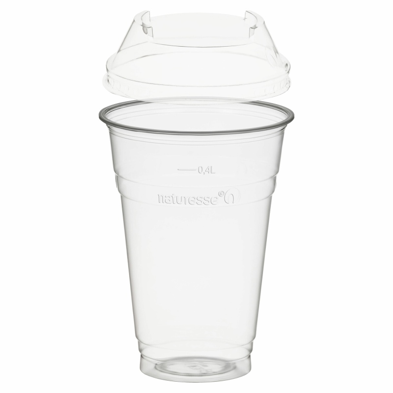 BIO Trinkbecher 400ml + Domdeckel ohne Loch stapelbar aus Biokunststoff 50 Stk-
