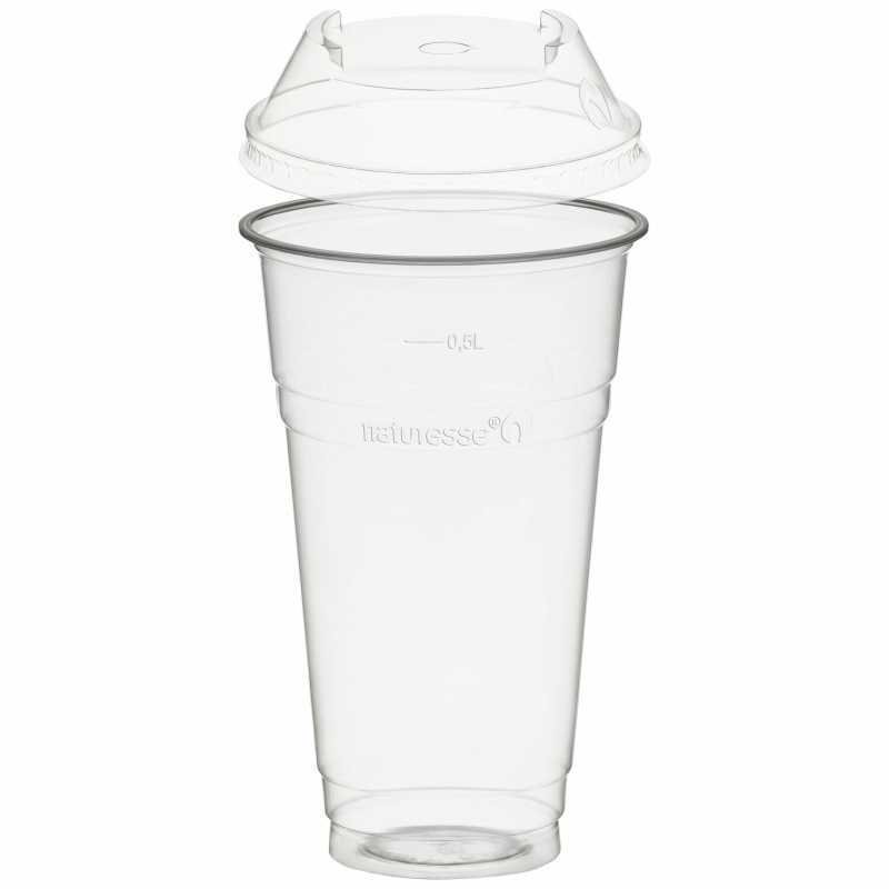 BIO Trinkbecher 500ml + Domdeckel mit C-Loch stapelbar aus Biokunststoff 50 Stk-