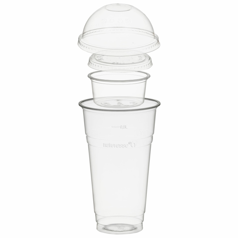 BIO Trinkbecher 500ml mit Domdeckel ohne Loch + Einsatzbecher 90ml PLA 100 Stk-