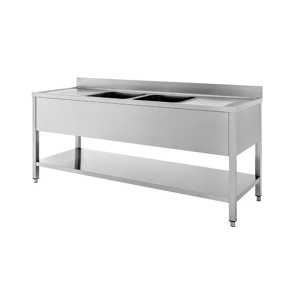 Edelstahl  Spltisch  Grundboden  Aufkantung  2 Becken  2 Ablagen  B 2000 mm x T 600 mm x H 950 mm