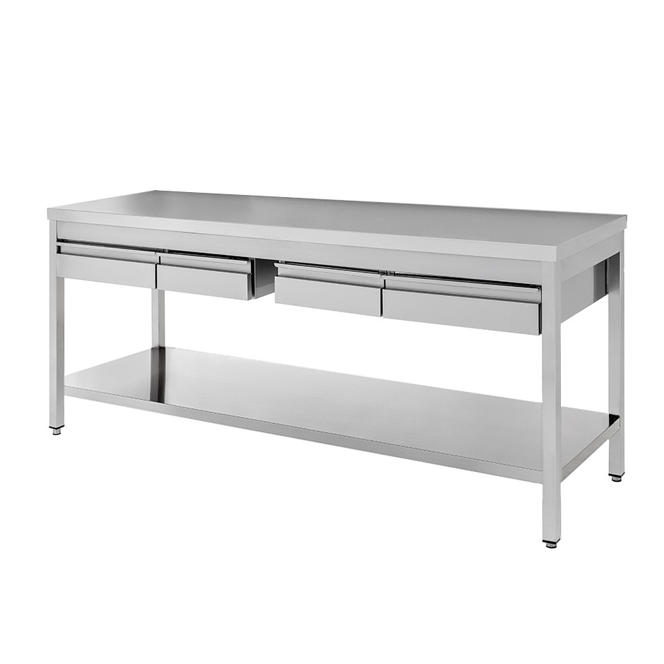 Edelstahltisch Grundboden 4 Schubladen B 2000 mm x T 600 mm x H 850 mm unter Edelstahlmbel > Professionelle Edelstahltisch > Edelstahltische mit Grundboden und Schubladen > Tisch mit Grundboden und Schubladen Tiefe 600