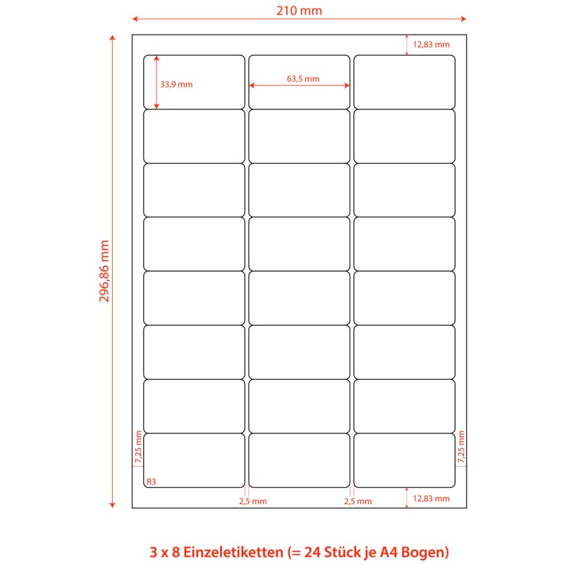 Etiketten Labels selbstklebend weiss 63-5 x 33-9mm auf DIN A4- 2400 Stk-