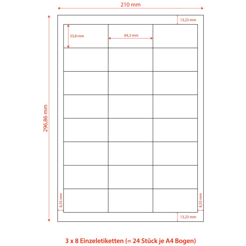 Etiketten Labels selbstklebend weiss 64-6 x 33-8mm auf DIN A4- 2400 Stk-