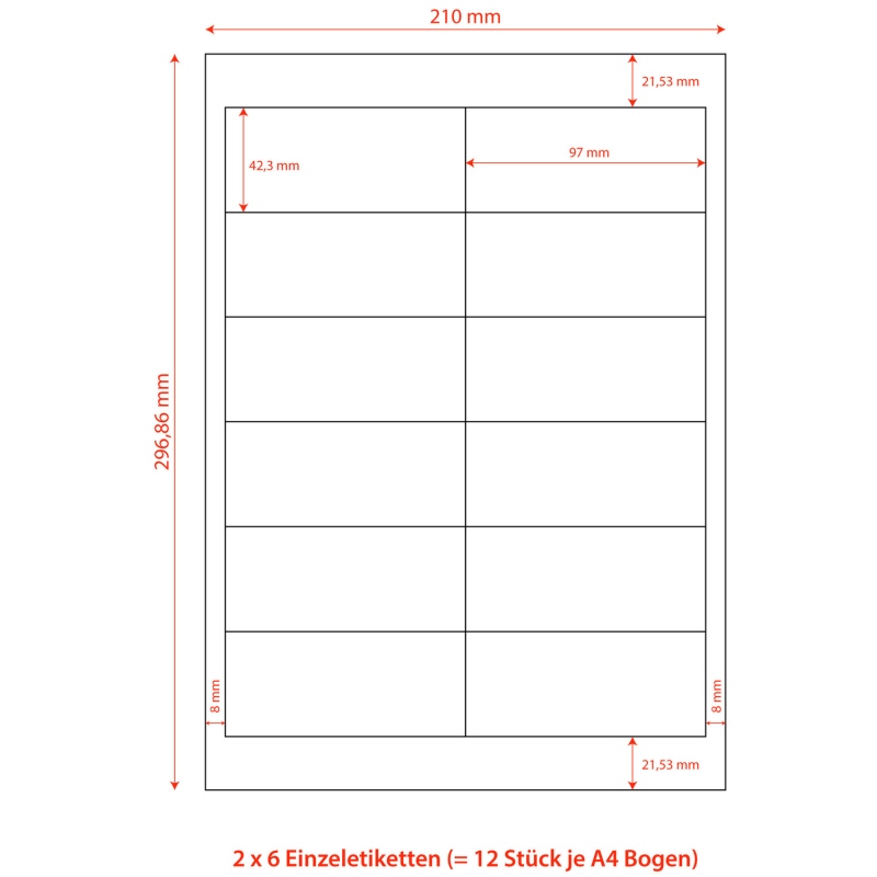 Etiketten Labels selbstklebend weiss 97 x 42-3mm auf DIN A4- 1200 Stk-