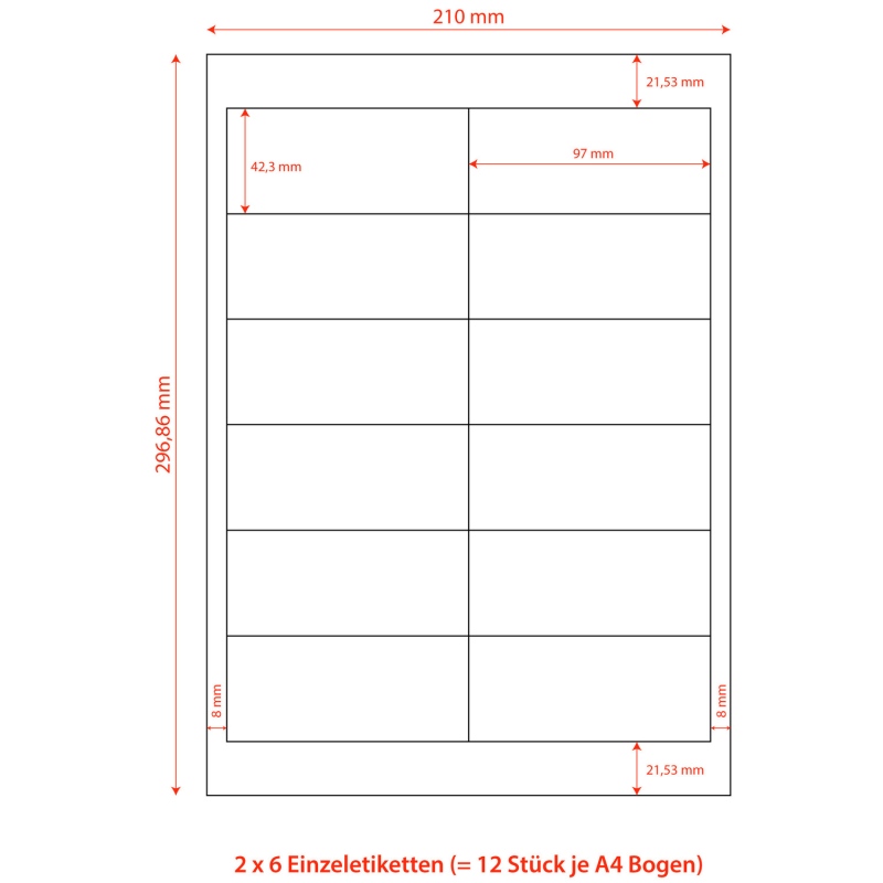 Etiketten Labels selbstklebend weiss 97 x 42-3mm auf DIN A4- 1200 Stk-