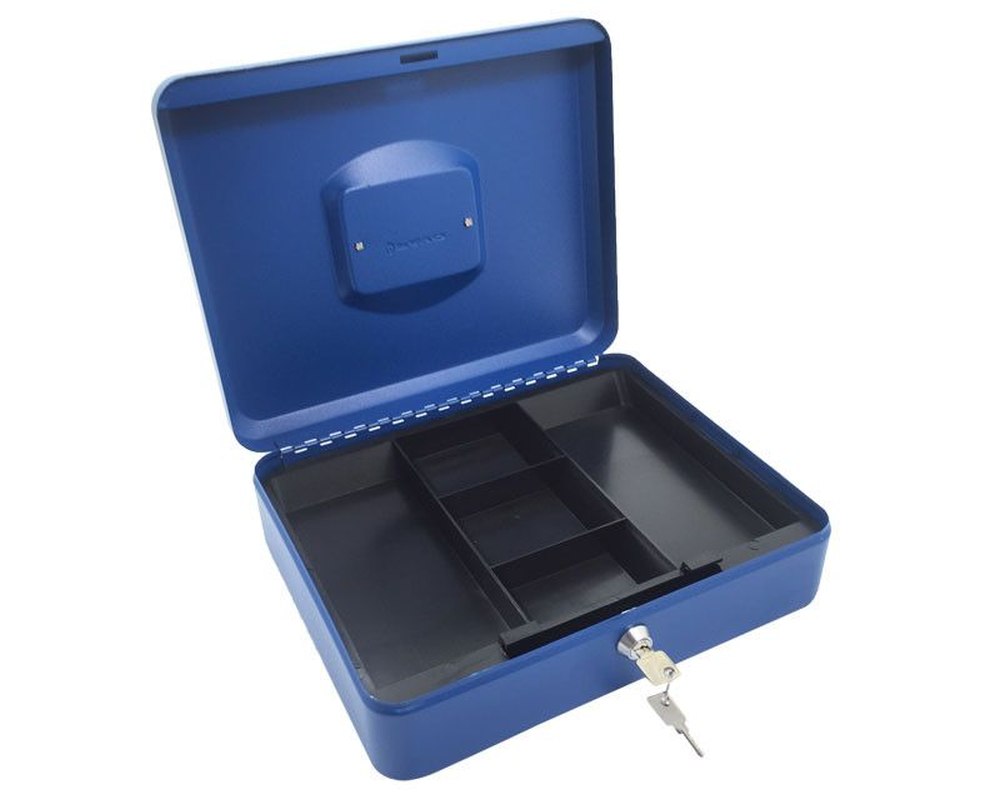 Geldkassette aus robustem Stahl mit herausnehmbaren Münzfächern 300 mm- blau