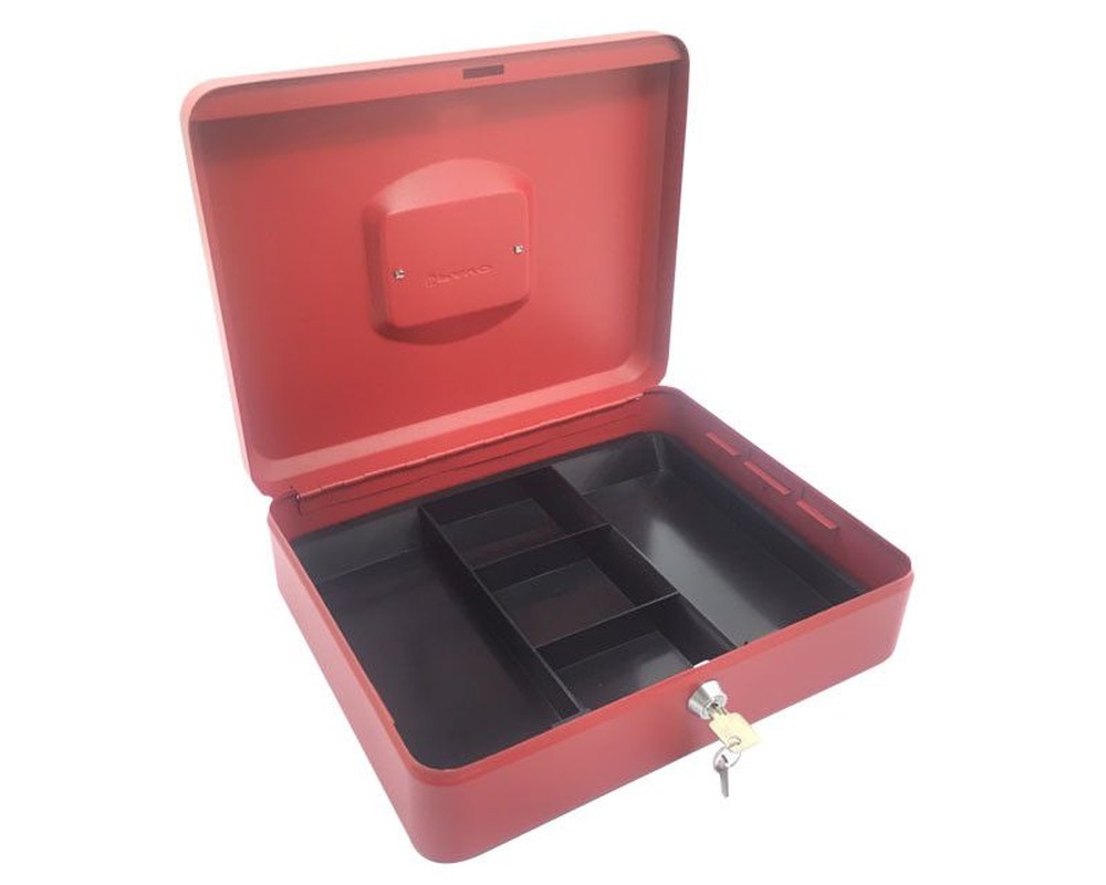 Geldkassette aus robustem Stahl mit herausnehmbaren Münzfächern 300 mm- rot