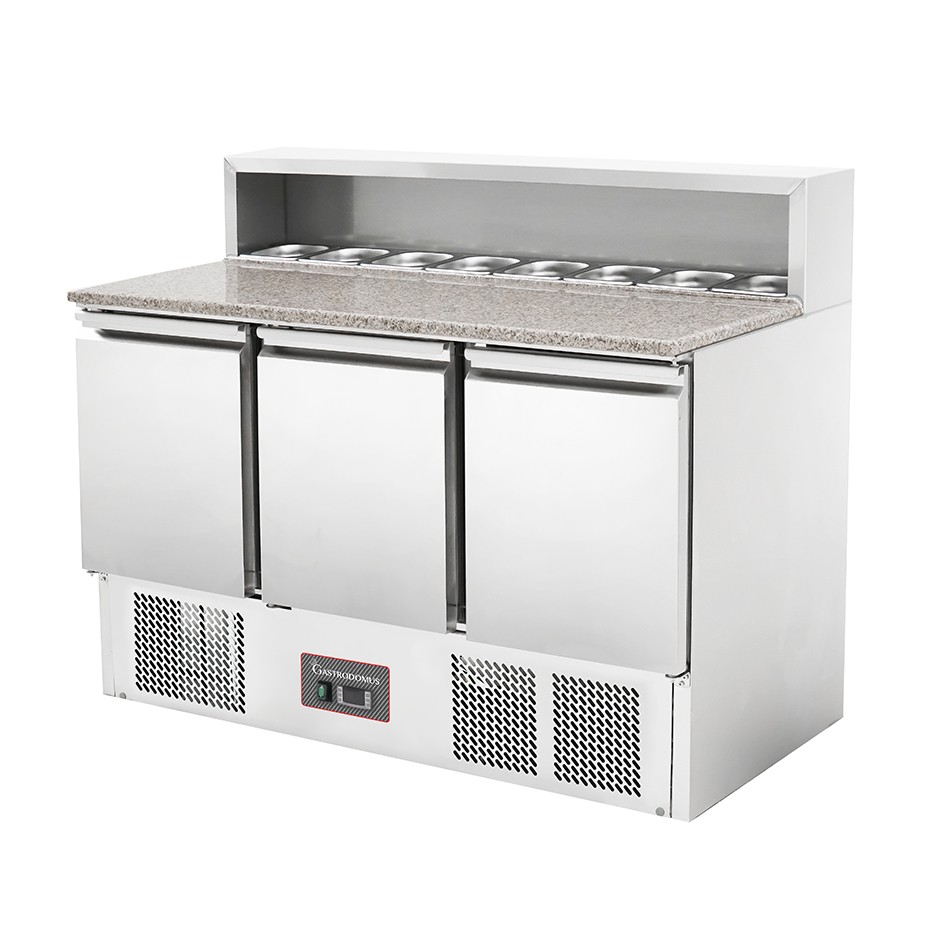 Pizzakhltisch - Saladette- 3 Tren- Temperatur +2-C-+8-C- Arbeitsplatte aus Granit