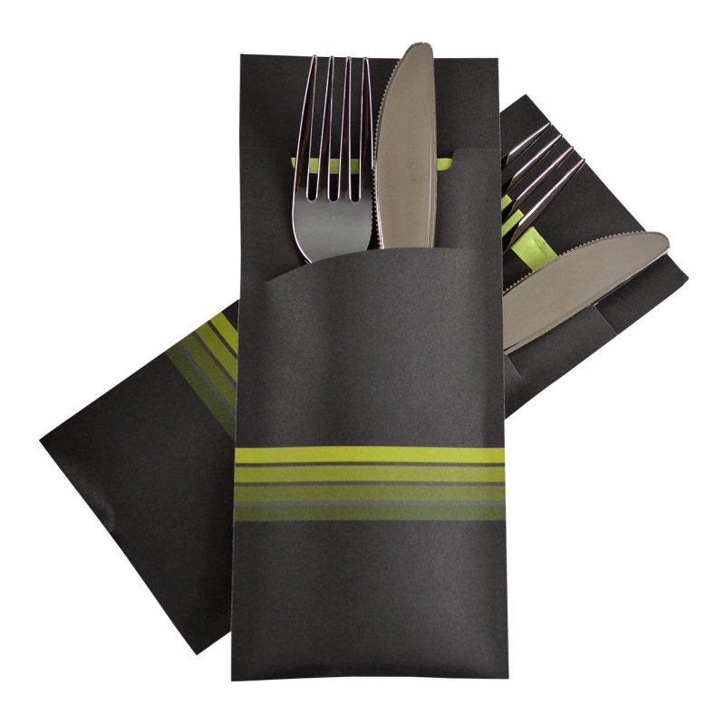 Pochetto Bestecktaschen 200x85mm schwarz limette Streifen Serviette- 50 Stk-