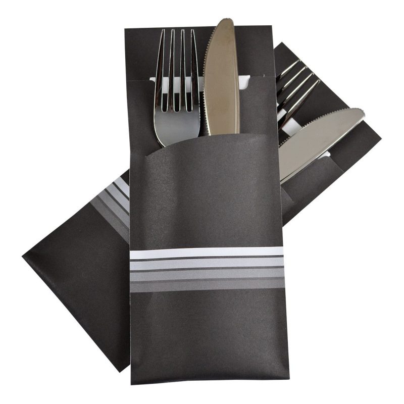 Pochetto Bestecktaschen 200x85mm schwarz weisse Streifen Serviette weiss- 520 Stk-