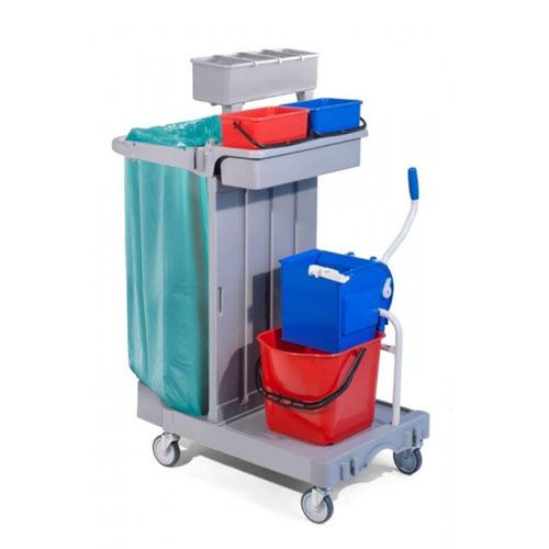 Reinigungswagen  Rollen  Sackhalter  1 Eimer  Mopp-Presse  Flaschenhalter  Besenhaken