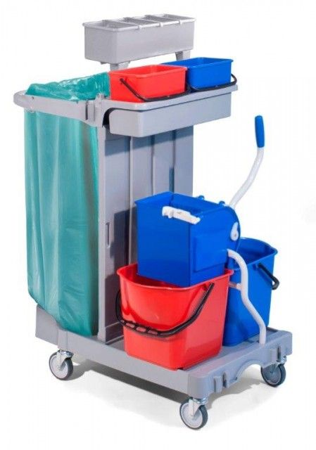 Reinigungswagen  Rollen  Sackhalter  4 Eimer  Mopp-Presse  Flaschenhalter  Besenhaken