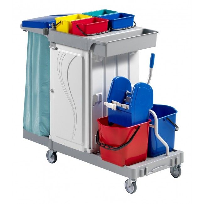 Reinigungswagen  Rollen  Sackhalter  6 Eimer  Mopp-Presse  Flaschenhalter  Besenhaken