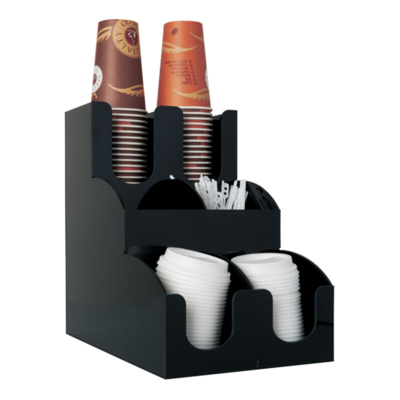 Spender-System für Coffee ToGo Becher Deckel Rührstäbchen und Zubehör schwarz
