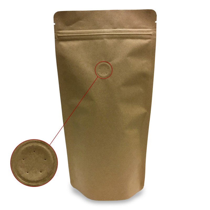 Standbodenbeutel Kraftpapier braun mit Aromaschutzventil 165x265x100mm- 500 Stk-