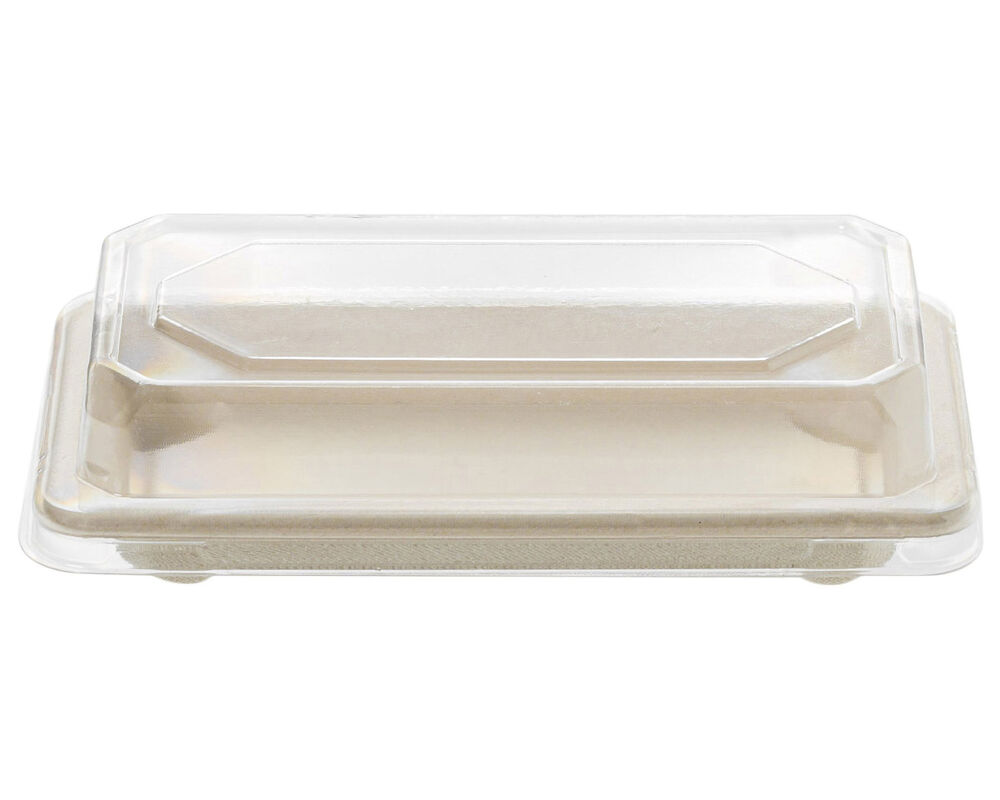 Sushi Tray aus Zuckerrohr mit klarem PET-Deckel 16-4 x 8-9 x 2-1 cm- 50 Stk-