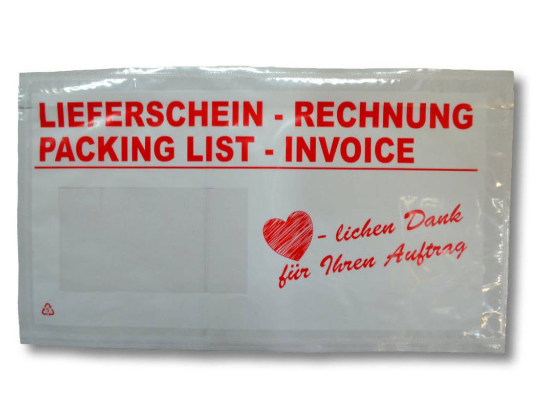 Versandtasche -Lieferschein-Rechnung- Herzlichen Dank- DIN Lang- 1000 Stk-